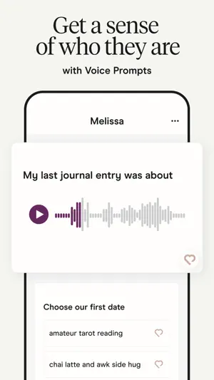Voice Prompt card "My last journal entry was about" with an audio waveform above a Choose our first date poll
