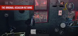 Agent 47 crouching in a neon-lit Chinatown alley with the touch controls, captioned the original assassin returns