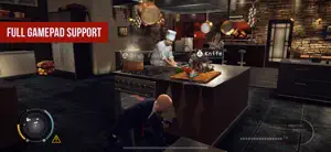 47 crouched behind a hotel kitchen counter as a chef cooks, captioned full gamepad support