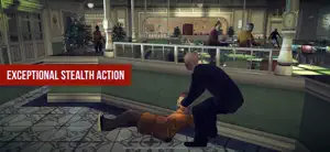 47 dragging a body across a bar's tiled floor, captioned exceptional stealth action