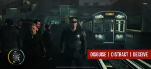 47 in a police uniform among officers on a subway platform, captioned disguise, distract, deceive