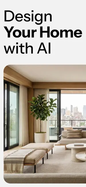 Opening promo: a light living room with a fiddle-leaf fig, cream benches and a city view under the headline Design Your Home with AI
