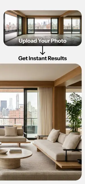 Before and after: an empty high-rise apartment labelled Upload Your Photo above a furnished version with low sofas and a stone coffee table labelled Get Instant Results