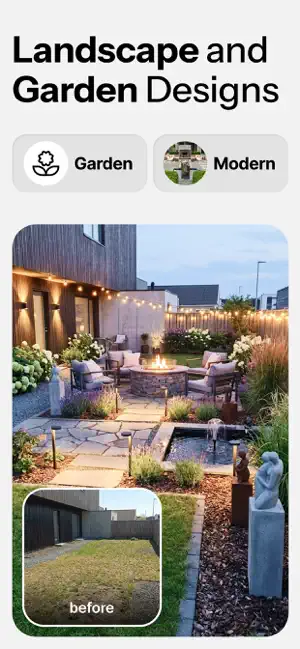Landscape and garden designs with Garden and Modern chips: a bare lawn marked before beside a redesigned yard with fire pit, string lights, stone path and pond