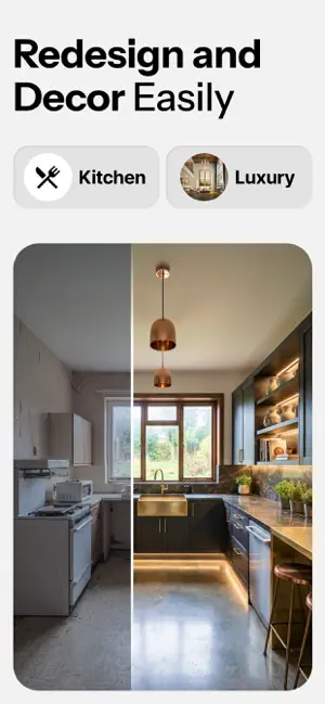 Kitchen redesign with Kitchen and Luxury chips: split view of a dated white kitchen and a dark-cabinet version with copper pendant lamps and under-cabinet lighting