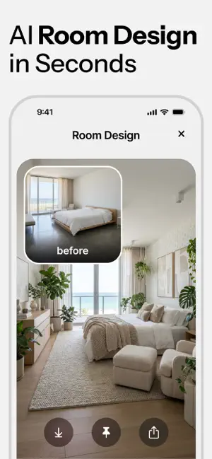 Room Design result screen: a bright bedroom with plants and a cream rug, a before thumbnail of the original room, and download, pin and share buttons