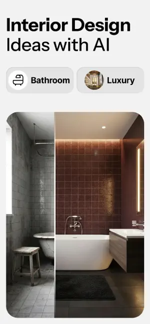 Bathroom redesign with Bathroom and Luxury chips: split view of a worn grey tiled bathroom and a burgundy-tiled version with a freestanding tub