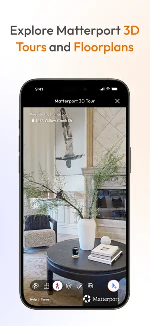 Matterport 3D Tour of a living room at 1578 Willow Creek Dr, presented by Homes.com, with tour navigation controls