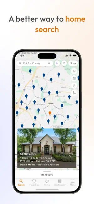Map search of Fairfax County with blue listing pins, 87 results and a four-bed McLean home card