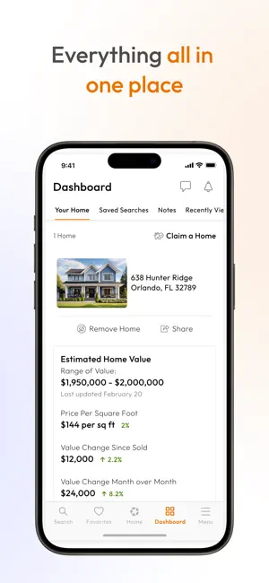 Dashboard Your Home tab for 638 Hunter Ridge, Orlando, with a $1,950,000 to $2,000,000 estimated value range