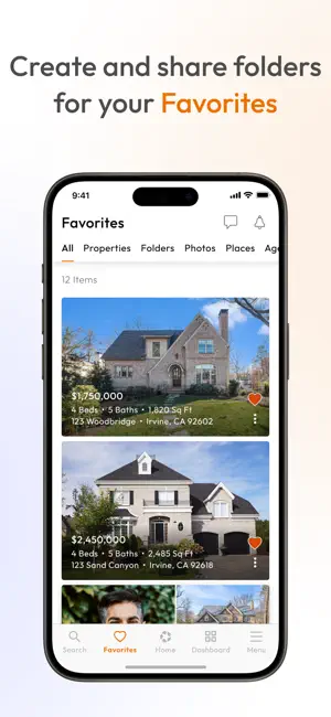 Favorites tab with 12 saved items, including four-bed Irvine, CA homes listed at $1,750,000 and $2,450,000