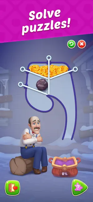 Pin puzzle dropping coins to a character in a snowy cellar