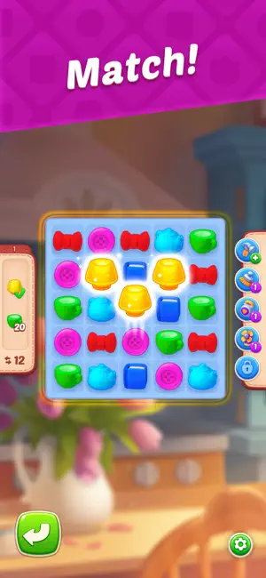 Match-three board of buttons and bows with boosters listed