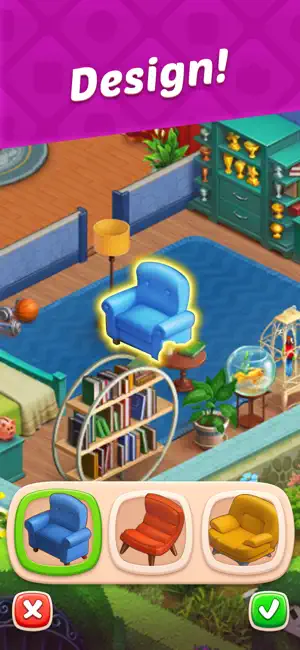 Room design screen offering three armchairs to choose between