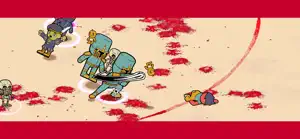 Cartoon skeleton and zombie Dudes fighting on a cream field spattered with red
