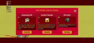 A relic-choice screen offering Embalming Salt, an Incident Calendar and an Old Jacket