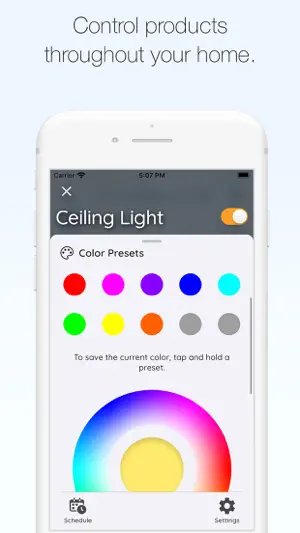 Ceiling light colour presets above a full colour wheel