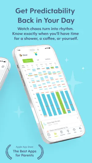 Weekly sleep calendar for a child named Oscar, with blue sleep bars and colored feeding markers