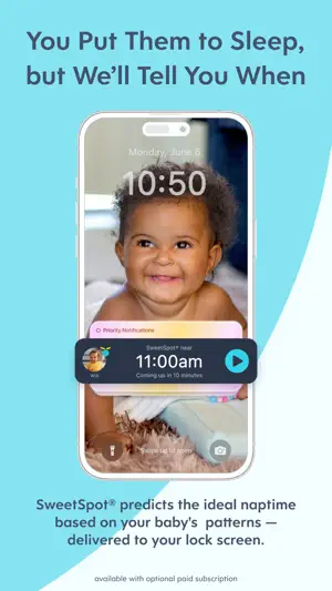 iPhone lock screen with a SweetSpot nap notification for 11:00am, coming up in 10 minutes
