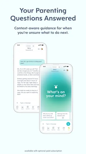 Berry AI chat answering a question about 5 AM wake-ups, beside its 'What's on your mind?' start screen