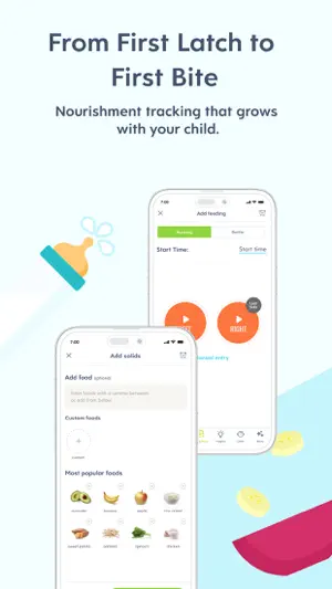 Add feeding screen with left and right nursing timers next to an Add solids list of popular first foods