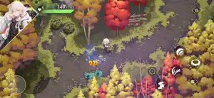 Hyke fighting through an autumn forest with damage numbers and skill buttons on screen