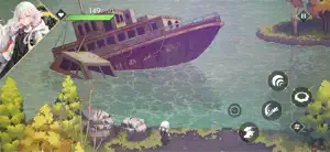 Hyke standing on a beach beside a rusted shipwreck in shallow water