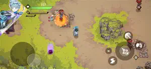 A blue-haired witch fighting a fire-wielding enemy on a grassy field