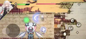 A boss fight in a mountain pass with a winged, pale-haired boss and glowing orbs
