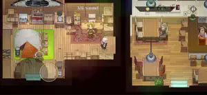 The campsite interior with a cooking pot, a bed and a companion, and a snowy village outside
