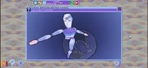 A CGI dancing figure spinning on a purple page in the browser