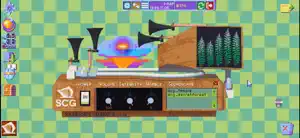 A green-checked desktop with a gramophone speaker, a mixer and a mountain landscape widget