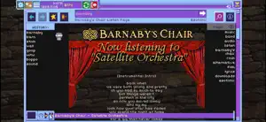 Barnaby's Chair page with red theatre curtains, now listening to Satellite Orchestra