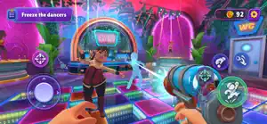 Freezing dancers on a neon dancefloor with the freeze gun, task freeze the dancers