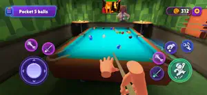 Lining up a shot at a pool table under green light, task pocket five balls