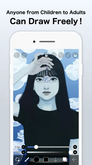 Drawing canvas with a portrait of a dark-haired woman against blue clouds and brush size and opacity sliders, captioned Anyone from Children to Adults Can Draw Freely