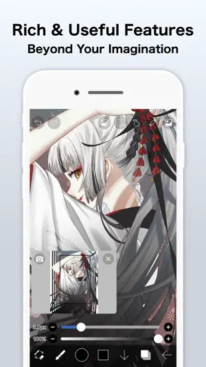 Illustration of a silver-haired girl in white robes with red ornaments, with a floating reference image window open over the canvas
