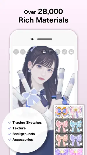 Material tool panel of bow ribbons beside a girl holding light sticks, under an Over 28,000 Rich Materials banner