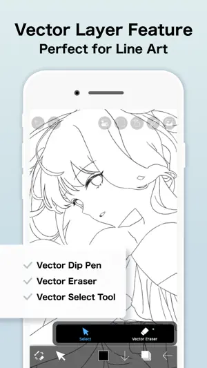 Black-and-white line art on a vector layer with Vector Dip Pen, Vector Eraser and Vector Select Tool listed