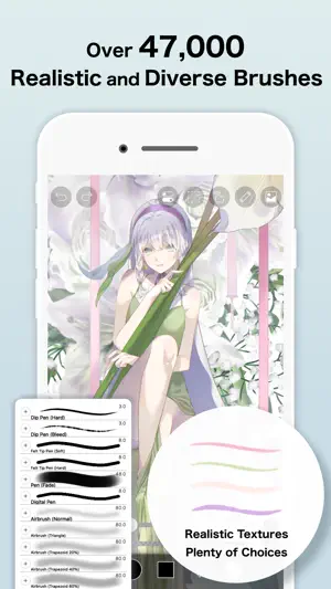 Brush list with Dip Pen, Felt Tip Pen and Airbrush sizes next to a girl holding green stalks, under an Over 47,000 brushes banner
