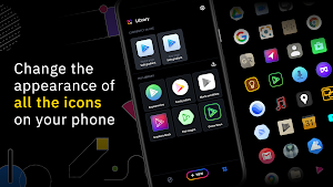 Library screen of saved icon packs next to a grid of dark rounded app icons, captioned about changing every icon