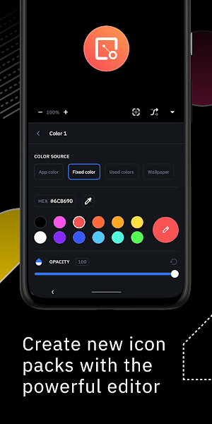 Color 1 editor with App color, Fixed color, Used colors and Wallpaper sources, HEX #6C8690 and an opacity slider