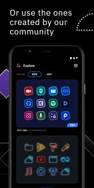 Explore tab sorted by New, showing the Neon lights pack by Makethingsnice with a PRO badge