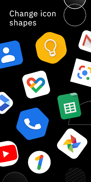 Google app icons for Contacts, Keep, Phone, Sheets and Photos redrawn as squircles, hexagons and circles