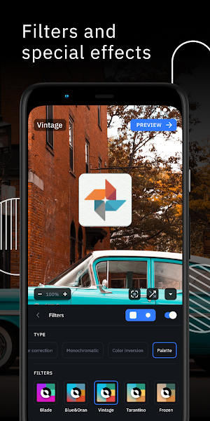 Filters panel applying the Vintage filter to a Google Photos icon, beside Blade, Tarantino and Frozen presets