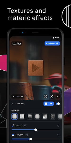 Textures panel with a Leather texture on the Play Store icon, scale set to 50 and opacity to 42