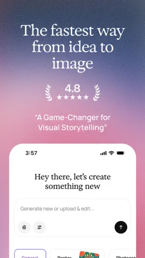 Prompt screen with a 'Generate new or upload & edit' box, attach and settings buttons, and General and Poster style tabs beneath