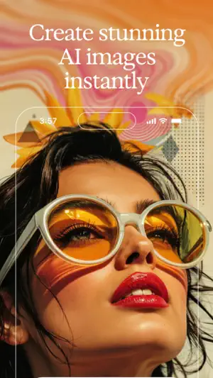 Close-up AI portrait of a woman in round white sunglasses and red lipstick against orange and pink swirls with a sunflower