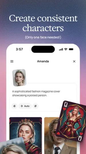 Character session named Amanda with one uploaded face photo, a fashion-magazine prompt and results styled as playing-card portraits
