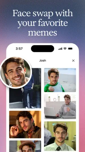 Face-swap grid for a profile named Josh showing one man's face in a beach scene, an office desk and a hat portrait